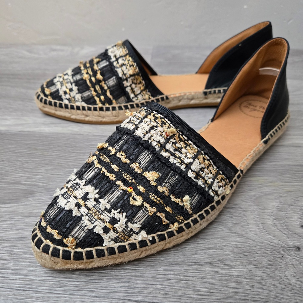 Toni Pons Black Espadrille Flats Shoes Size 42 Tweed Gold Metallic D'Orsay